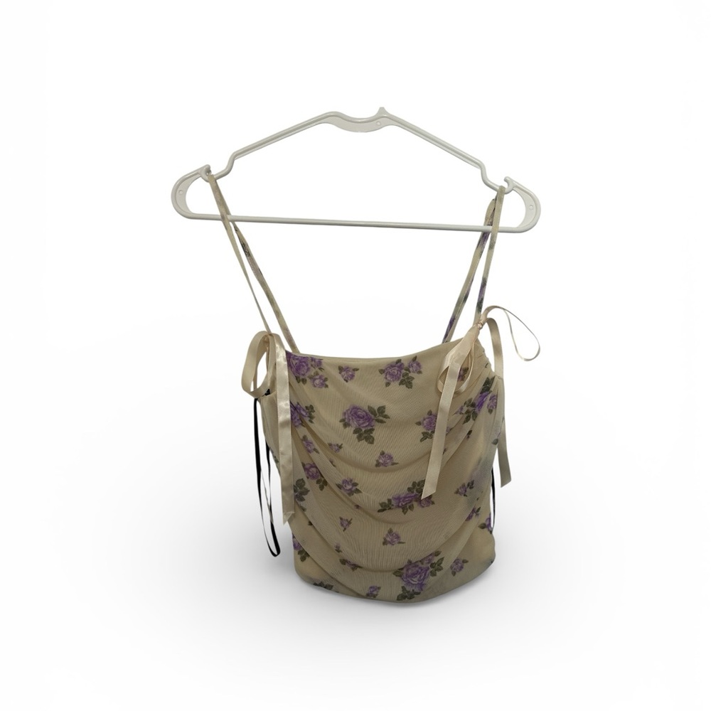 Floral cream with purple flowers design Women's top Small